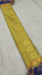 Yellow And Royal Blue Kanchipuram Silk Saree For women With Unstitched Blouse